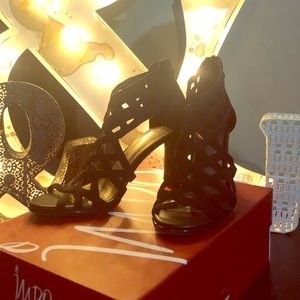 IMPO- Black Caged Peeptoe Heels- Sz7